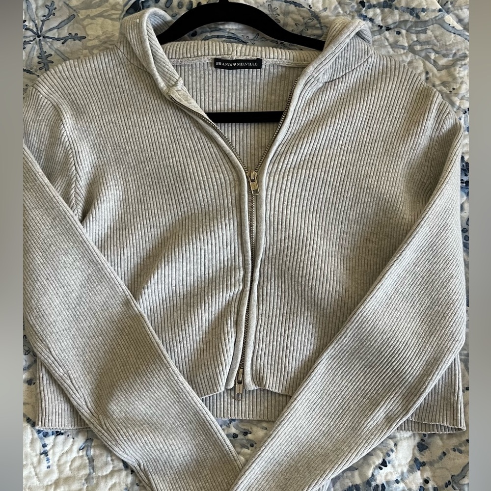 Grey Brandy Melville knitted zip up hoodie, one size